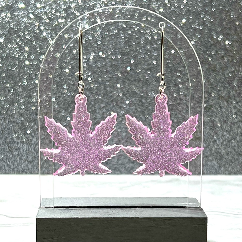 Girly Pink Festival Leaf 420 Shaped Dangle Earrings